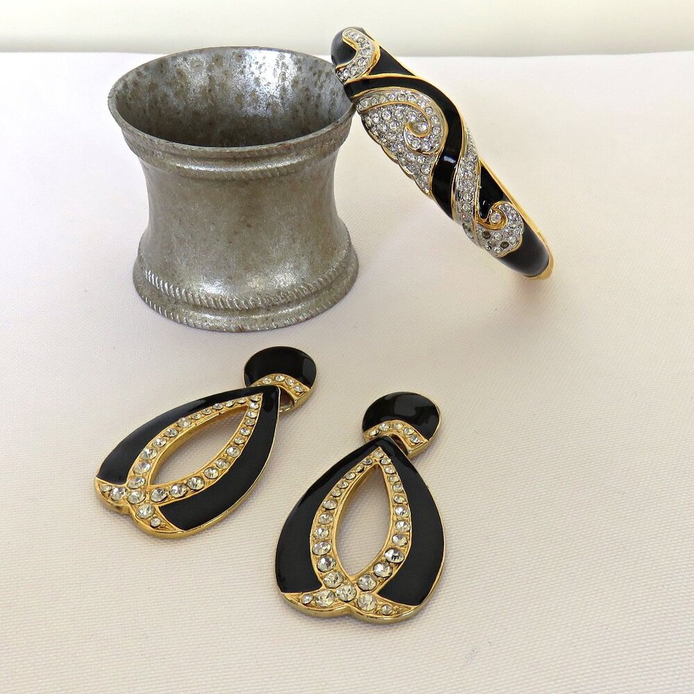 Black Enamel and Rhinestone Pierced Earrings and Bracelet Set on Goldtone...726